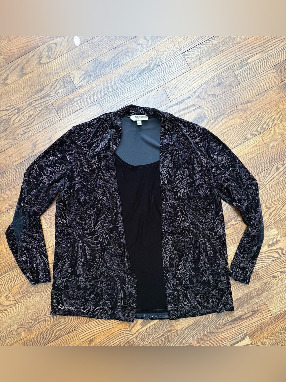 Vintage Notations Women's 1X Black Gold Paisley Velvet Shirt Sweater Jacket